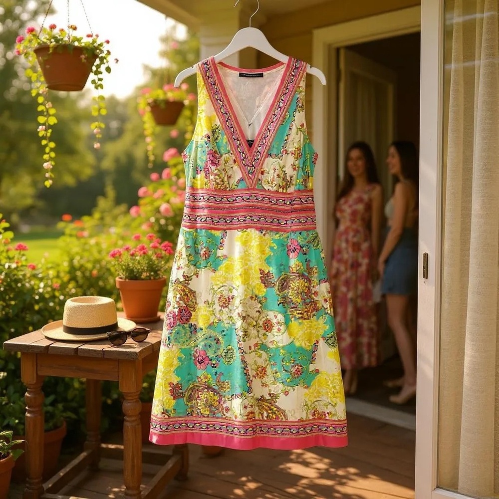 100% Silk Multicolor Floral Midi Dress. Size 10